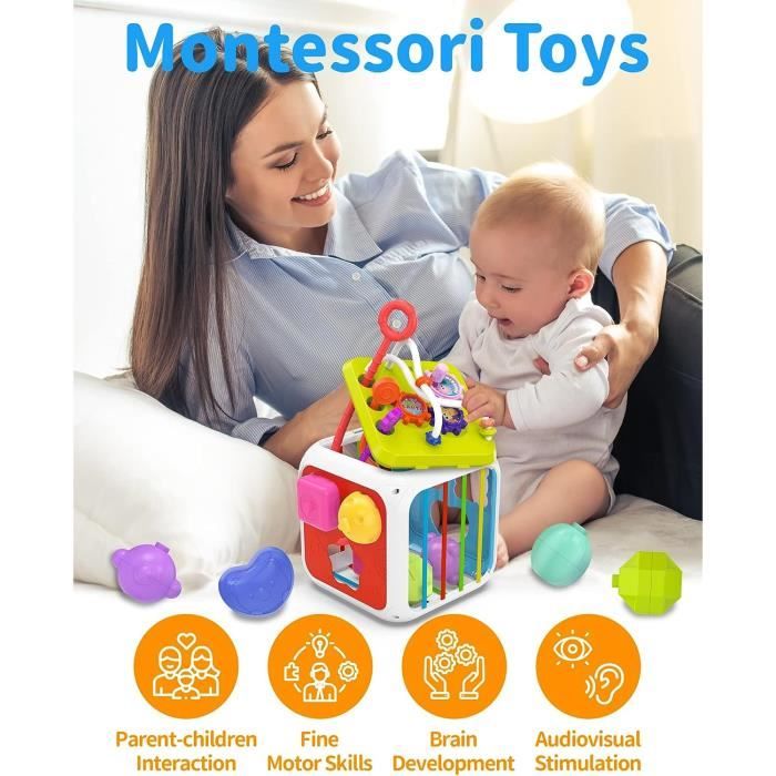 Jouet Bebe 1 2 Ans, Cube D'activité Bébé en Bois 6-en-1, Jouets