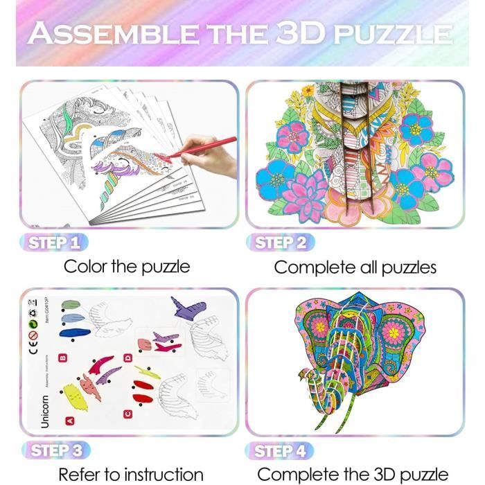 Puzzle 3D Bricolage Kits,Cadeau Fille garçon 6 7 8 9 10 Ans,Jouets Loisirs  Créatifs, Puzzle à Colorier Enfant Anniversaire-Éléphant