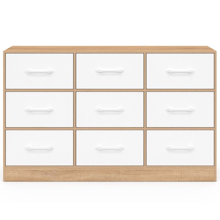 VASICAR Commode 9 Tiroirs + 2 étagères - 120x40x90cm - Cadre Métal Et Plateau Bois - Rangement Tissu Pour Chambre