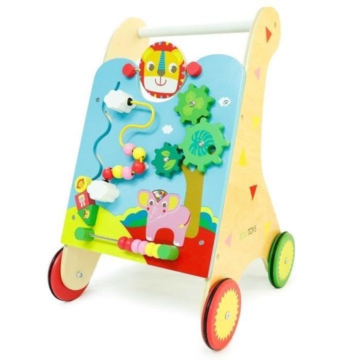 MSTORE Trotteur pousseur en bois motif zoo Age 2 4 roues antiderapantes Apprentissage couleurs formes Bleu Vert Cdiscount Puericulture Eveil bebe