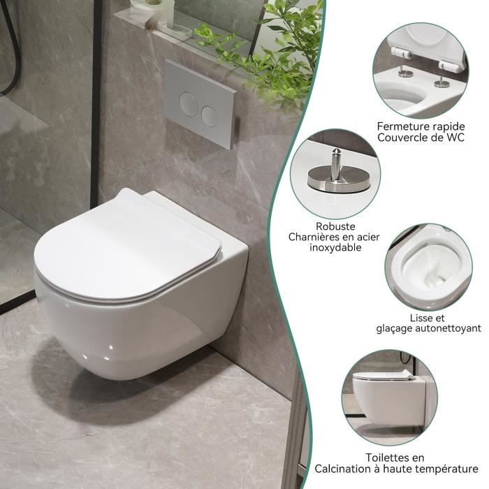 Kit complet de toilettes suspendues en ceramique WC mural avec abattant de WC avec systeme d abaissement automatique Cdiscount Bricolage