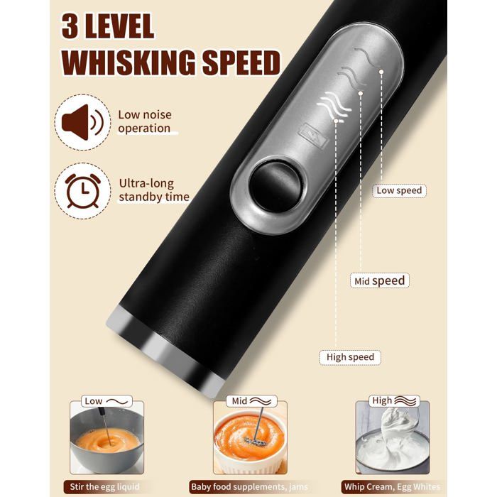 Mousseur à Lait Électrique USB Rechargeable - Mini Fouet Inox 304 3 Embouts 2 Vitesses Pour Cappuccino, Latte, Matcha