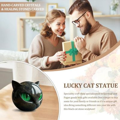 Statuette Chat En Céramique Pierre Noire - Yeux Verts, Décoration Bureau Ou Maison, Symbole De Chance (8x8x9 Cm) - 4