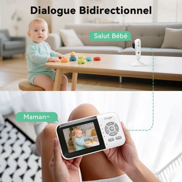 Simyke Moniteur Vidéo Intelligent Pour Bébé Avec Caméra Et Audio, Mode Double, Commutateur WiFi Marche/arrêt, écran De 2,8 Pouces, Application, Caméra 1080p, Portée De 457 Mètres