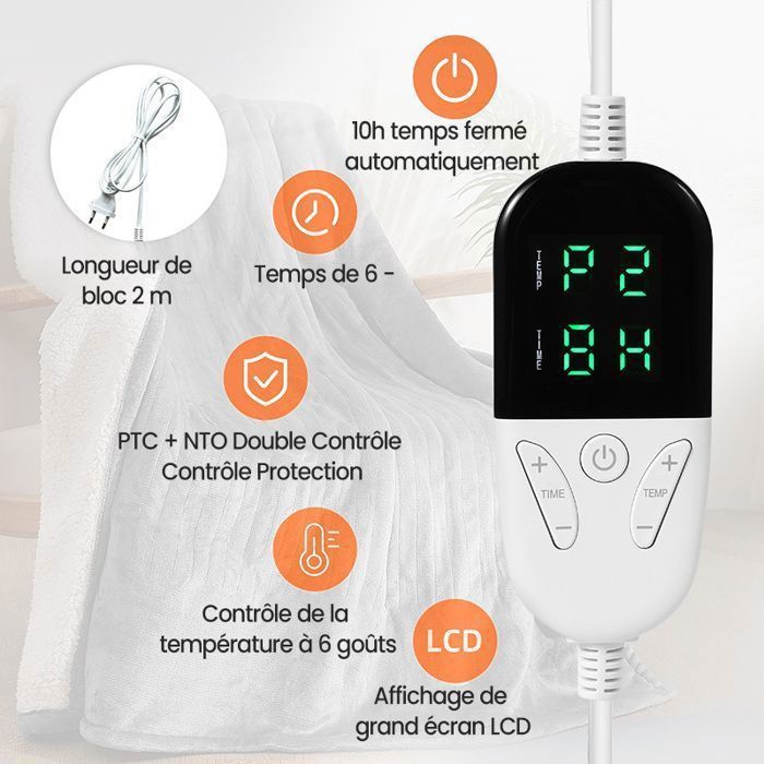 Couverture Chauffante Electrique avec Télécommande à Double Commande Réglages de Chaleur Minuterie 9 Heures Gris
