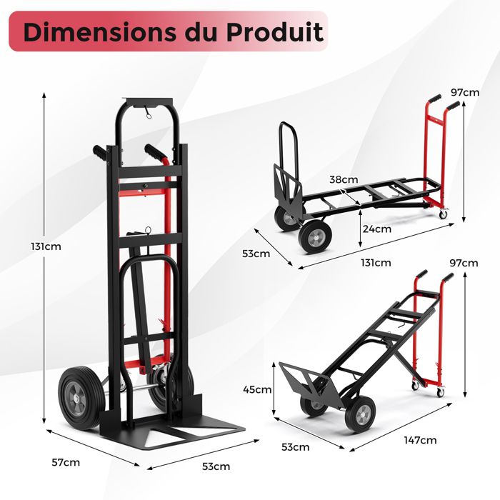 Chariot De Transport COSTWAY 300kg - Plateforme Pliante Hauteur Réglable Avec Roues Caoutchouc