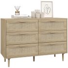 Commode HOMCOM 6 tiroirs meuble de rangement avec tissage en rotin dim. 110L x 40l x 75H cm Aspect Bois Clair