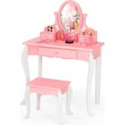 DREAMADE Coiffeuse Enfant 2 en 1 avec Tabouret et Miroir Rotatif, Table de Maquillage en Bois avec 3 Tiroirs Style Princesse, Rose