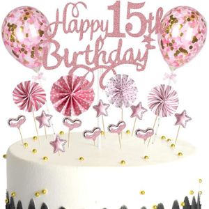 Figurine décor gâteau Décoration De Gâteau 15 Ans Garçon Fille, Deco De Gâteau Toppers Happy 15Th Birthday Or Rose, Cake Topper 15E Anniversaire G[u3602]