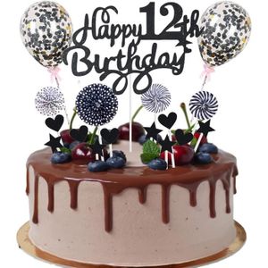 Figurine décor gâteau Décoration De Gâteau D'Anniversaire « Happy 12Th Birthday » Pour Garçon Et Fille - Noir - Avec Cœur, Étoile Et Ballon Paille[u7539]