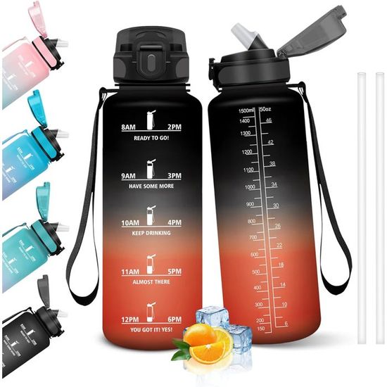Gourde Sport 1,5L Avec Paille - Marqueur De Temps Motivant - Étanche, Portable - Pour Fitness, Randonnée, Vélo