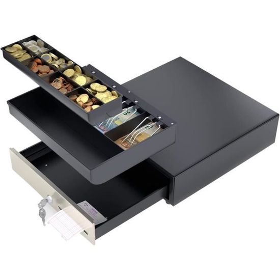 Tiroir-Caisse Manuel POS Valley – 4 Compartiments Billets + 8 Bacs Pièces Réglables, Noir 41x41 Cm
