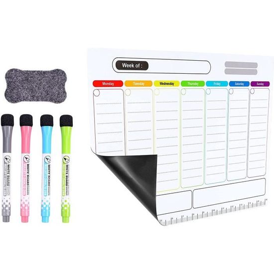 Planning Semaine Magnétique Frigo 43x32cm - 4 Feutres, 12 Aimants, Effaceur - Organisation
