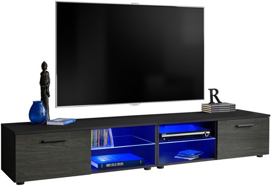 2x Meuble TV T32-100 - LED bleues - Carbone Mat & Noir - Façades en Bois Mat - L200cm x H34.5cm x P45cm