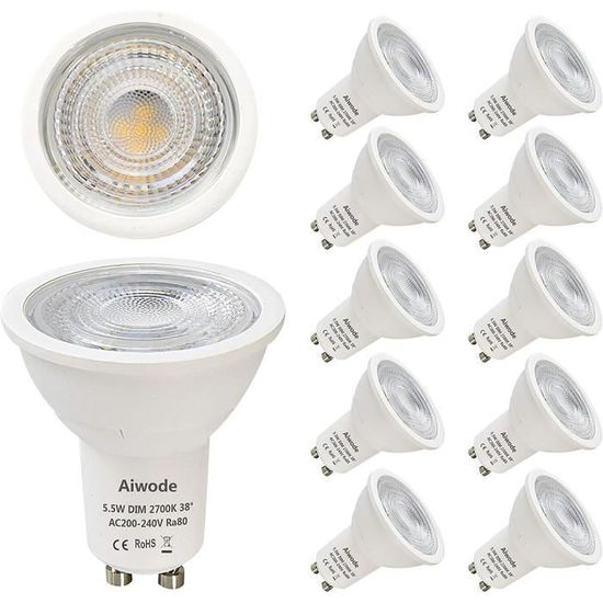 AMPOULE Ampoule LED GU10 Dimmable,Blanc Chaud 2700K,Aiwode 5.5W &Eacute;quivalent 40W Halog&egrave;ne,470LM RA80,38&deg;Angle de568