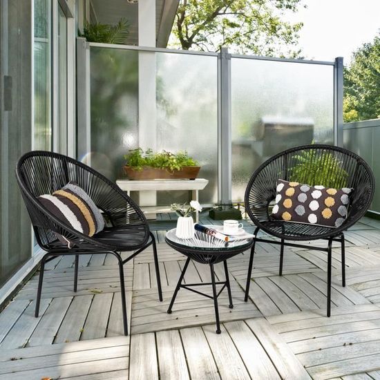Costway 6pcs ensemble salon de jardin avec 4 chaises pliantes en textilène,  table basse en verre trempé et parasol, pour patio, balcon et terrasse  jusqu'à 150kg - Conforama