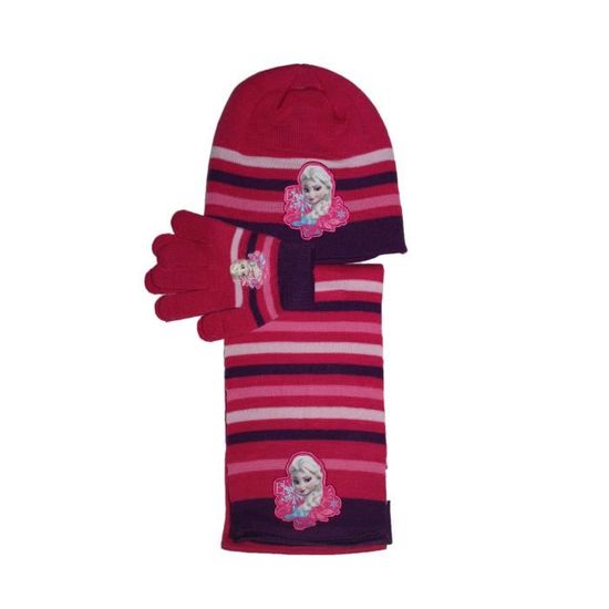 ensemble bonnet gants echarpe la reine des neiges rose violet
