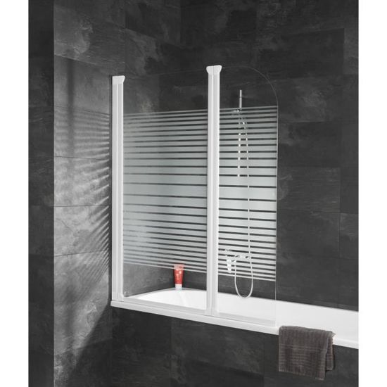 Pare baignoire pivotant, 114 x 140 cm, 2 volets, Écran Komfort Express-Plus Schulte, profilé blanc, décor rayures horizontales