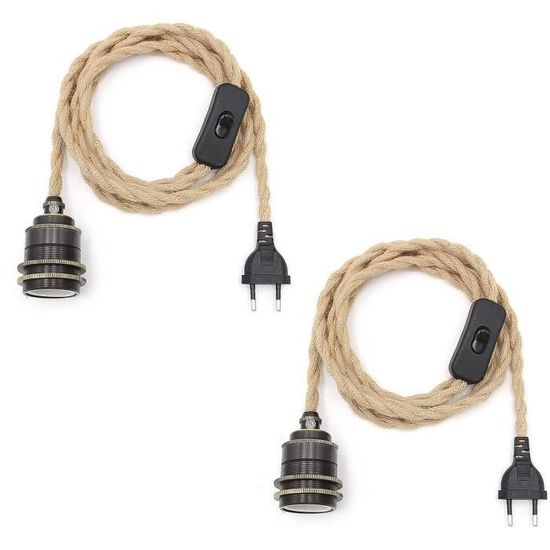 Lot De 2 Suspensions Lustre Corde De Chanvre – Câble 4,6 M, Douille E27, Interrupteur, Style Vintage