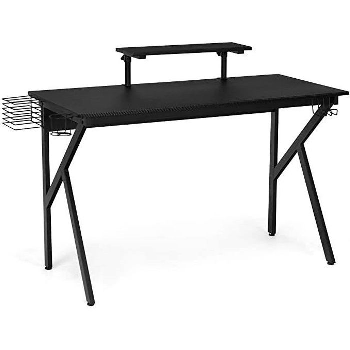 DREAMADE Bureau Gaming avec Tablette Réglable, Porte-gobelet, Crochet, Porte-CD, Structure en Forme K, Charge Max. 100KG