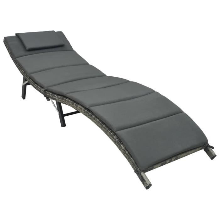 Dex- Chaise longue pliable avec coussin Résine tressée Gris résistant à l'usure