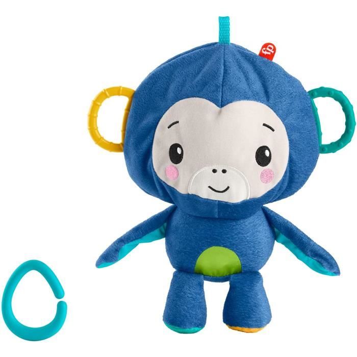 peluche Singe Balle d’Activités 2en1jouet bébé avec éléments à mordiller et anneau pour l'accrocher à la poussettedès la naissance