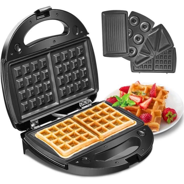 Godmorn Appareil à croque Monsieur, gaufrier 4 en 1, Gaufre, panini, Beignets, Sandwich Grill, Plaque antiadhésive, détachable, 750W