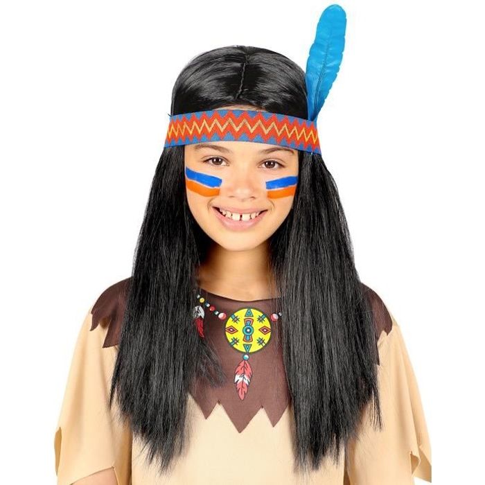 Perruque indien avec bandeau et plume enfant - Noir