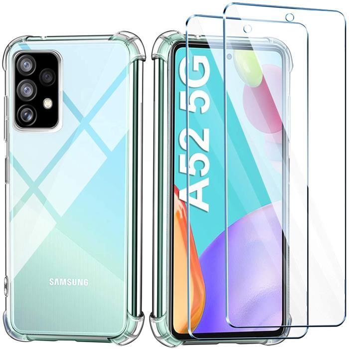 Coque Samsung Galaxy A52 5G Transparente en Silicone à Coussin d'air Ultra-mince Housse + 2 Morceaux de Verre Trempé Film Étui