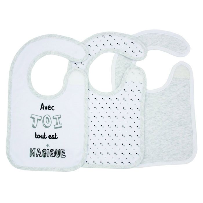 Babycalin Lot de 3 bavoirs naissance 1 bébé magique + 1 all over + 1 uni - 17 x 29 cm - Scratch jersey 100% coton