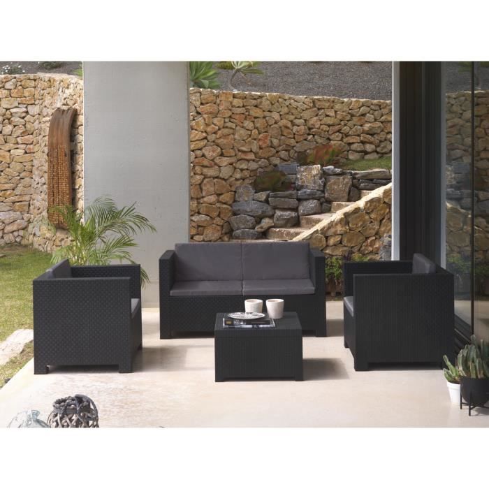 Figari - Salon bas de jardin 4 places - en résine tressée injectée - noir avec coussins gris Couleur - Noir