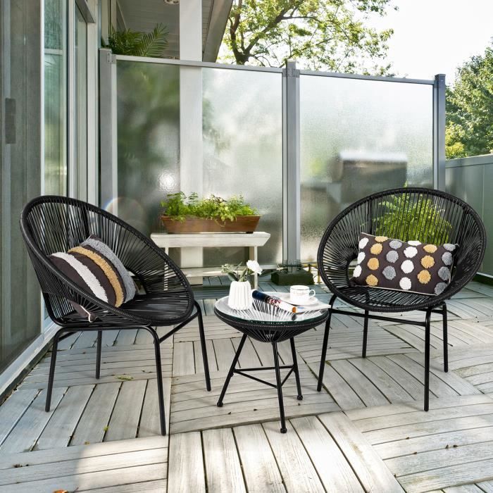 COSTWAY Ensemble de jardin 3 pièces 2 chaises t 1 Table en Verre Trempé et en Rotin PE pour Terrasse, Pelouse, Jardin, Cour, Noir
