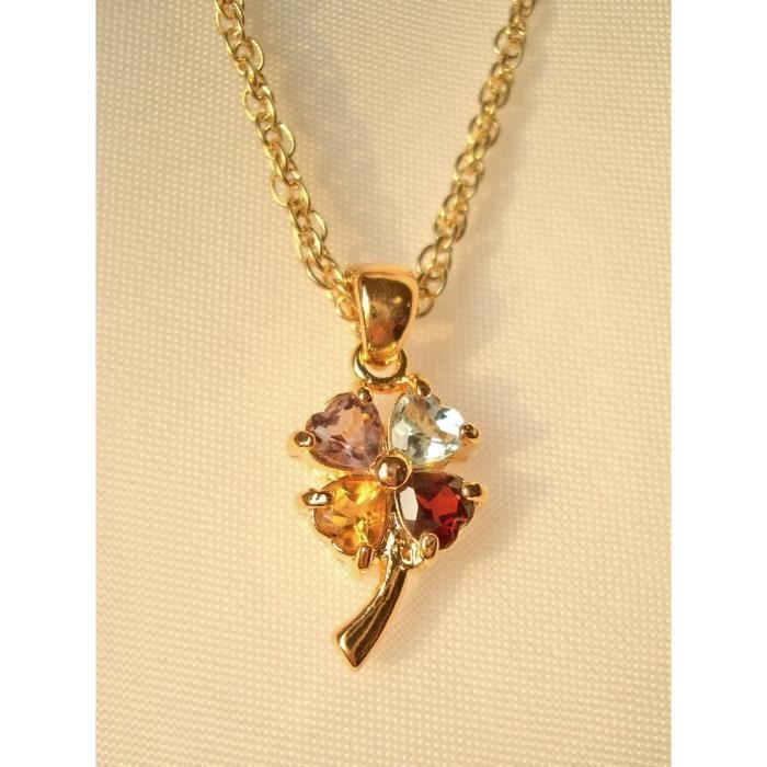 Pendentif Trèfle - Porte Bonheur - Améthyste Citrine Grenat et Topaze
