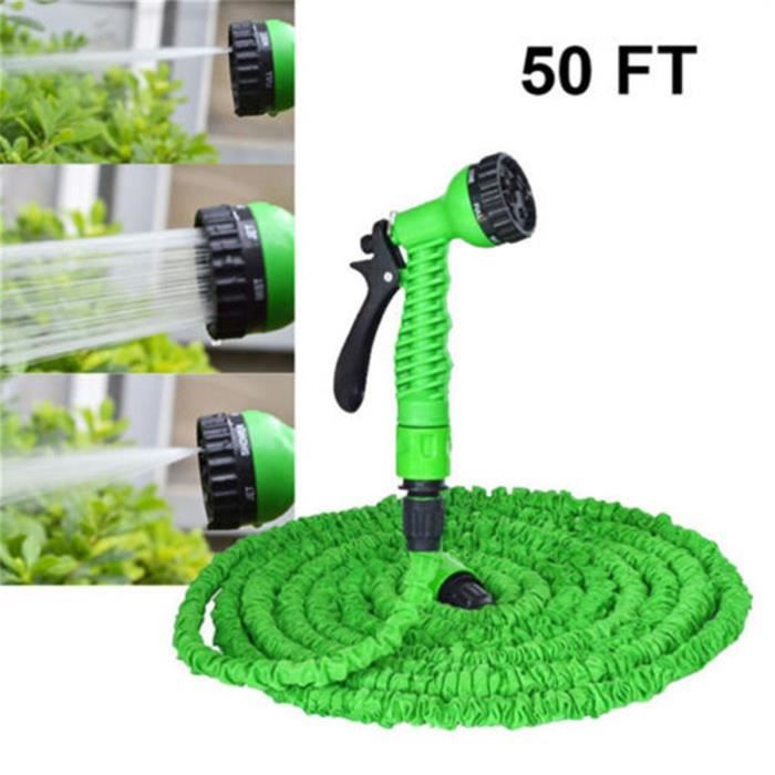 GETEK® Tuyau d'arrosage jardin tuyau d'eau voiture tuyau pistolet de lavage (50 pieds en vert)