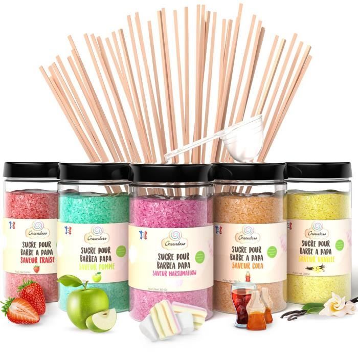 Sucre Barbe à Papa (5X350 Gr) = 1,750 KG (Arômes et Colorants Naturels) Fraise-Cola-Pomme-Marshmallow-Vanille + 50 Bâtonne