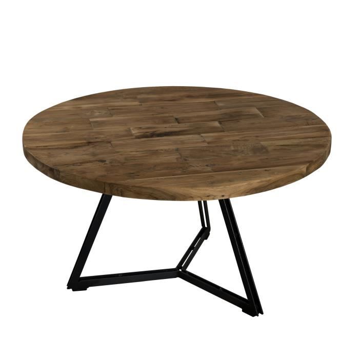 Table basse ronde en bois teck + pieds en métal - Noir - Style industriel - Ø 75 cm