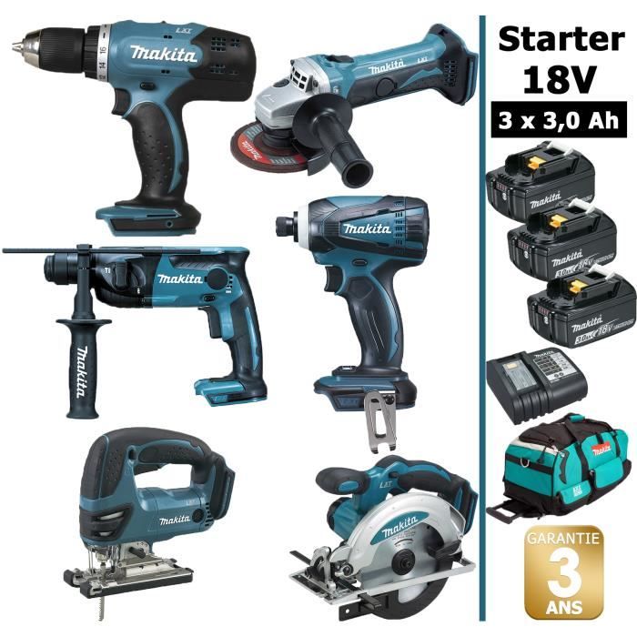 Pack de machines outil - Makita - 6 outils 18V comprenant: Perceuse 42Nm DDF453 + Perforateur 1,3J DHR165 + Meuleuse DGA452 + V#83