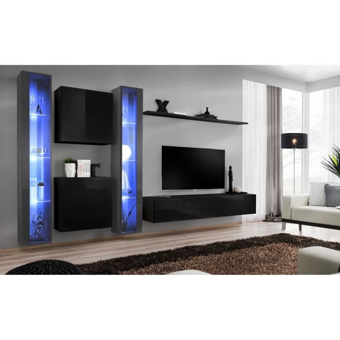 Ensemble meuble salon mural SWITCH XVI design, coloris noir et gris brillant. 40 Noir
