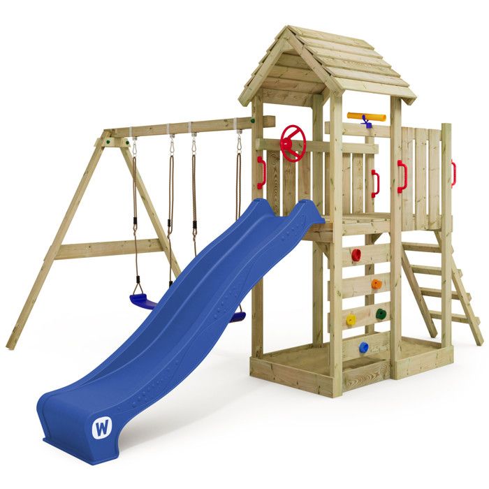 WICKEY Aire de jeux Portique bois MultiFlyer toit en bois avec balançoire et toboggan bleu Maison enfant extérieure