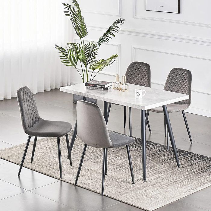 lot de 4 chaises en velours gris - chaise avec dossier - pieds en métal - design moderne - meubles salle à manger salon cuisine