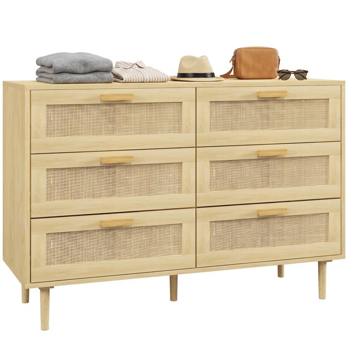 Commode HOMCOM 6 tiroirs meuble de rangement avec tissage en rotin dim. 110L x 40l x 75H cm Aspect Bois Clair