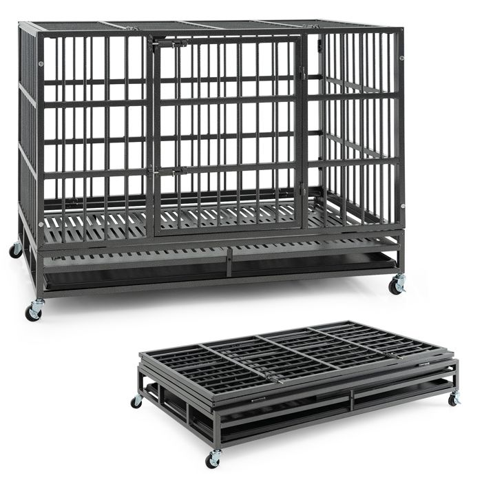 Meilleurs prix pour GOPLUS Cage pour chien Pliable en Métal Robuste avec Roues Verrouillables, Caisse Anti-mastication, Plateau Amovible, 120x76x90 CM
