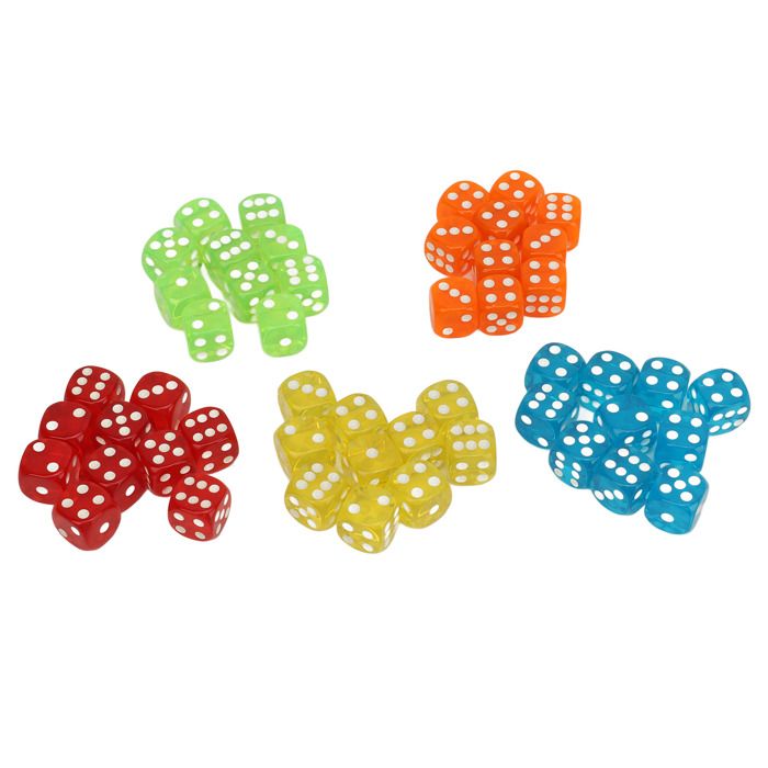 Lot De 50 Dés à 6 Faces En Acrylique - 5 Couleurs (noir, Blanc, Vert, Bleu, Marron) - Taille Standard 16 Mm - Avec Pochette