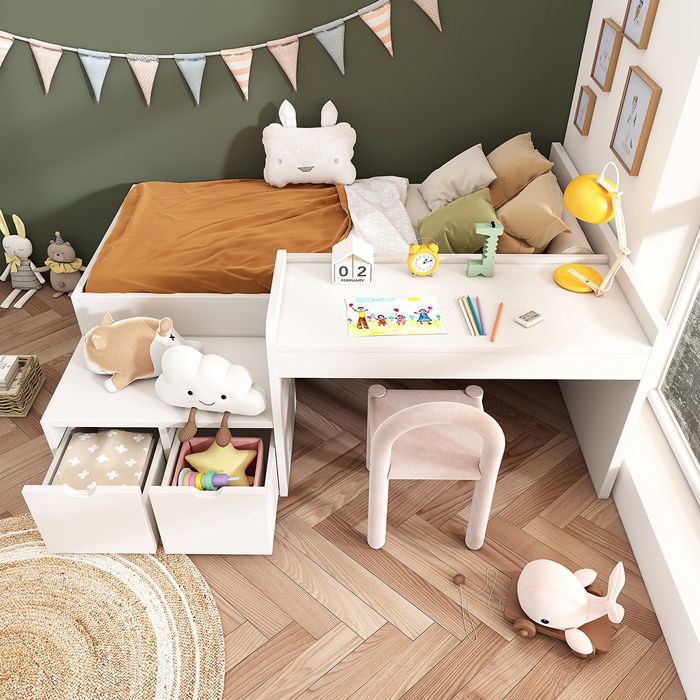 Lit denfant lit simple 90 x 200 cm avec bureau et tiroirs blanc lit de rangement avec sommier à lattes Blanc