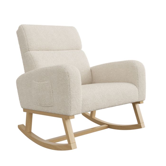 Fauteuil à Bascule avec Dossier Haut Rembourré et Pieds en Bois  rocking-chair élégant 69x78x87cm  beige