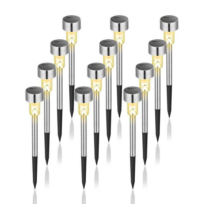 Lot de 12 lampes solaires extérieures LED blanc chaud IP65 – à piquer inox/ABS autonomie 8 h