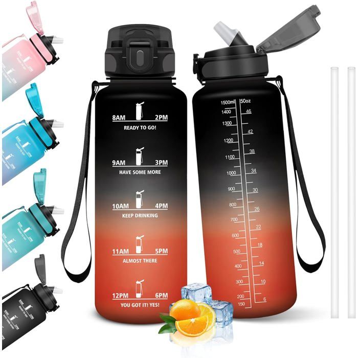Gourde 1.5L Bouteille Gourde Sport avec Paille Gourde Motivation avec Marqueur de Temps Bouteille deau Étanche