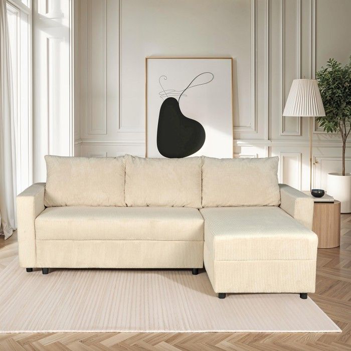 Canapé dangle convertible et réversible avec coffre THEO en velours côtelé / Beige Canapé dangle convertible et réversible avec coffre THEO en velours côtelé / Beige