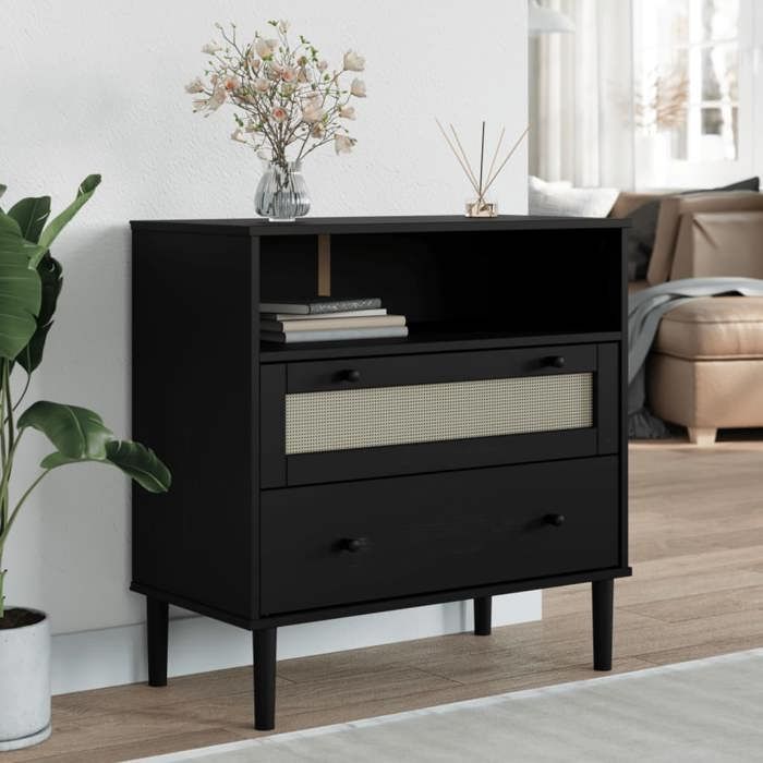 SALE 2025Meuble bas bahut vaisselier - Buffet SENJA aspect rotin noir 80x40x80 cm - Bois massif de pin 19 1 Kg 1282