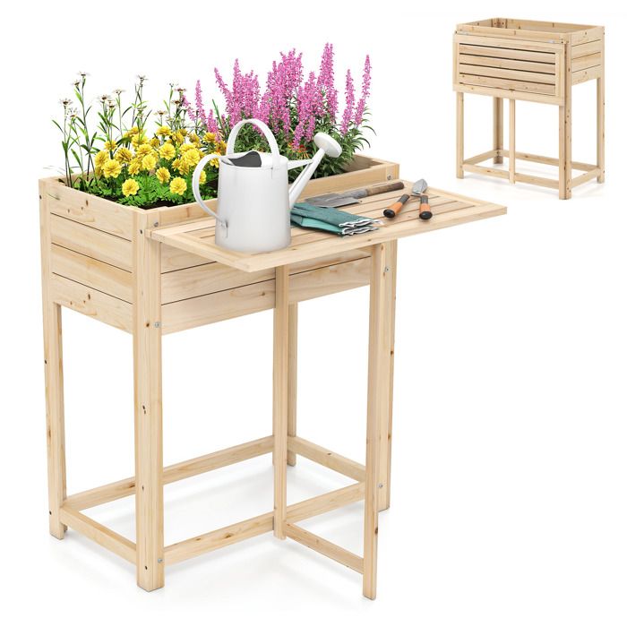 Jardinière sur Pieds avec Tablette Latérale Pliable COSTWAY Bois de Sapin Drainage Intérieur Extérieur pour Fleurs Herbes Légumes